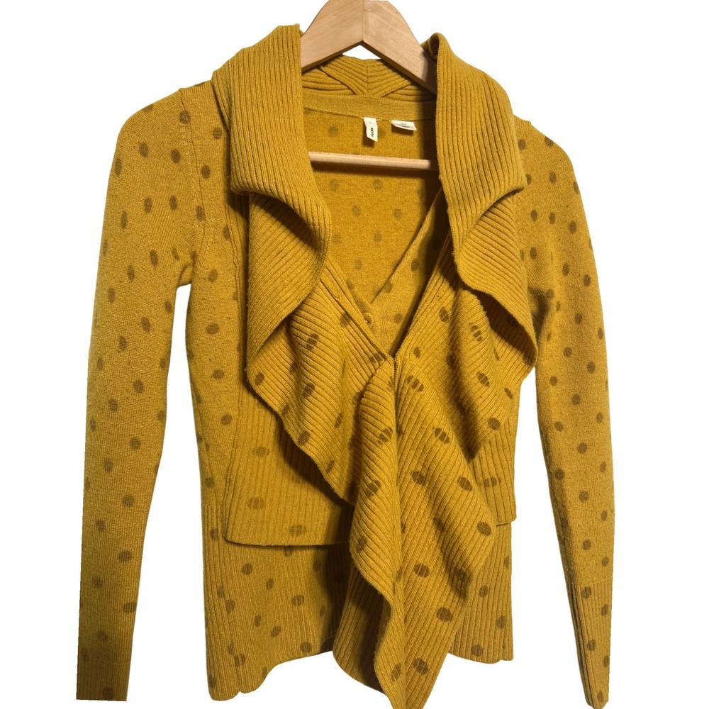 Anthropologie Moth Van Wrinkle Saffron Yellow Polka Dot Waterfall Cardigan XS
